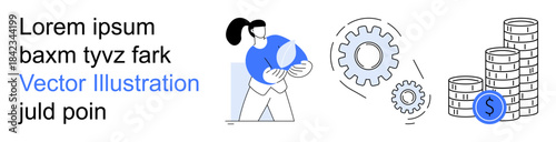 Financial planning, teamwork, wealth management, process optimization, business solutions, monetary systems. Woman holding a gear, stack of coins and interlocking cogs. Financial planning