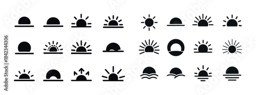 Sunrise and sunset icon set with various sun designs