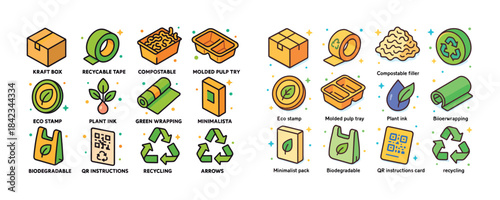 Eco-friendly packaging icons: recyclable, compostable, biodegrad