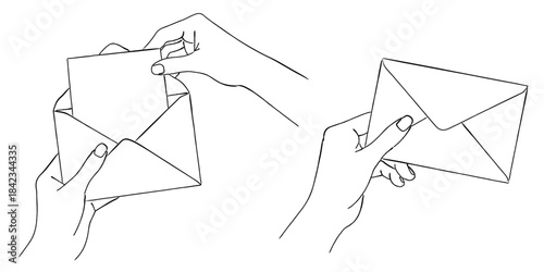 封筒に手紙を入れる手のイラストセット（郵送・メッセージ）,便箋,郵便,コミュニケーション,シンプル,ベクター,線画