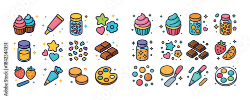 Colorful baking icons collection with cupcakes, candies, and fru