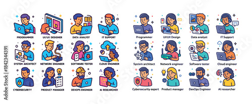 Diverse cartoon characters in technology roles and professions i