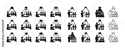 Set of 24 vector icons depicting diverse meeting scenarios in bl