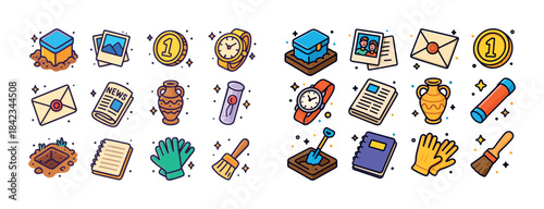 Vintage and modern icons: letters, coins, watches, and artifacts