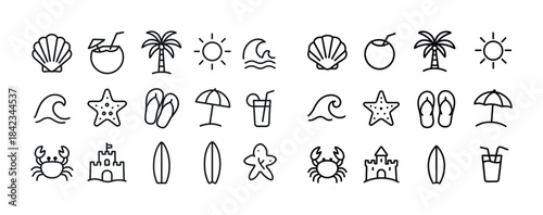 Tropical beach icons: shells, palm trees, sun, waves, and starfi