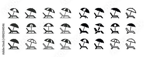 Set of beach chair and umbrella icons in various styles and arra