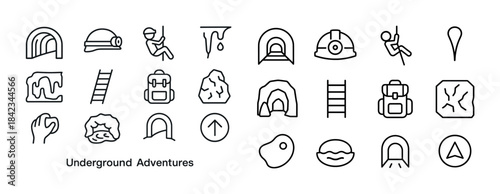 Underground exploration icons: caves, equipment, and adventure s