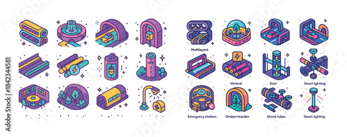 Futuristic urban infrastructure icons featuring multilevel trans