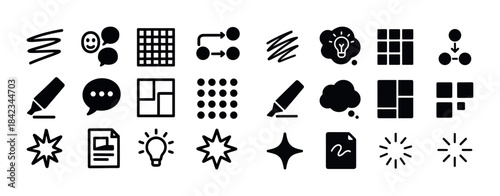 Variety of black and white icons including communication, brains
