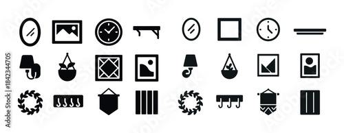 Collection of home decor icons: frames, clocks, mirrors, shelves