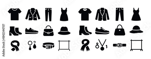 Fashion icons: clothing, accessories, and footwear in black silh