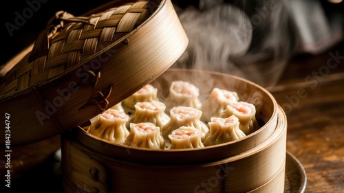 Steaming hot traditional Chinese Siu Mai shrimp dumplings inside an open bamboo steamer basket on a rustic wooden table
