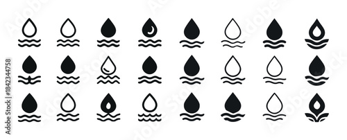 Set of 24 minimalist water drop icons in black and white