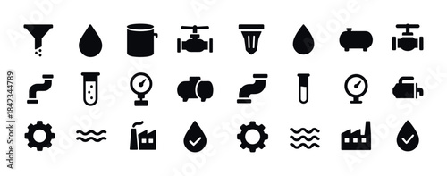 Industrial icons: pipeline, valve, gauge, factory, filtration