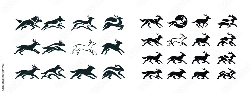 Fototapeta premium Silhouette illustrations of stylized running animals in various