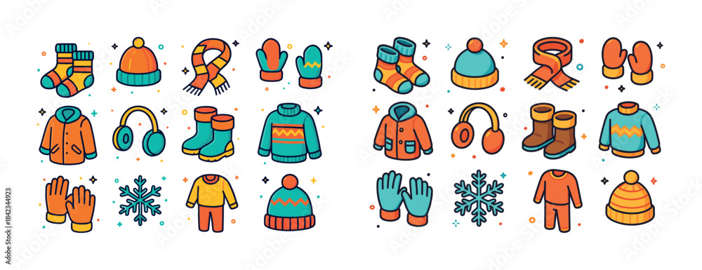 Obraz premium Colorful winter clothing collection: hats, gloves, scarves, swea
