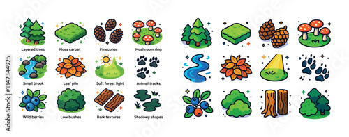 Nature elements collection: trees, bushes, leaves, mushrooms, tr