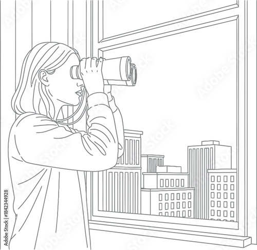 Girl Looking Out Window with Binoculars, City View
