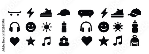 Set of black icon illustrations: skateboard, headphones, and acc