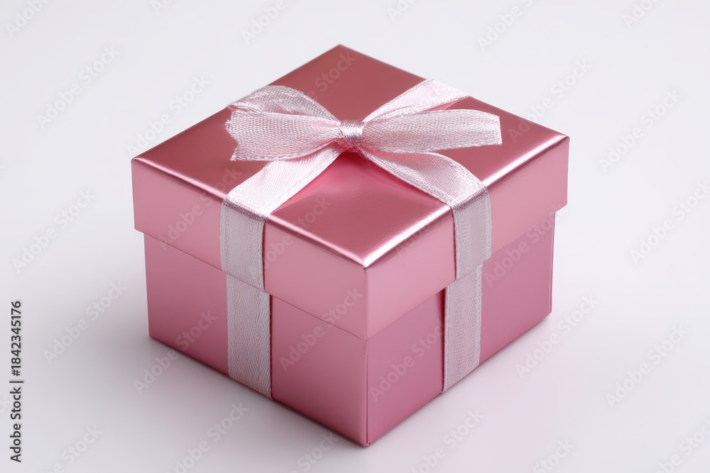 Fototapeta premium Glossy pink gift box with ribbon on white background