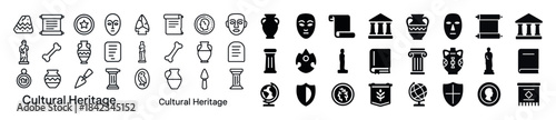 Cultural heritage icons set featuring historic artifacts and mon