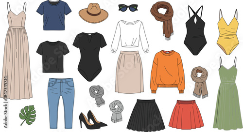 Women’s fashion collection featuring dresses, tops, skirts, jeans, swimsuits, scarves, shoes, hats, and accessories for stylish illustrations
