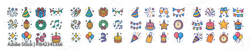 Colorful celebration icons with gifts, balloons, cakes, and deco