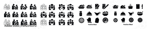 Diverse cooking and dining icon set featuring festive meal symbo