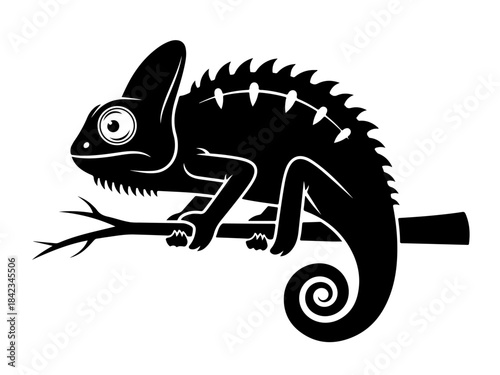 A stylized black silhouette of a chameleon perched on a tree branch, with its distinctive crest and curled tail.