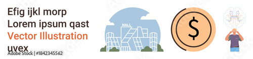Retail economy, urban lifestyle, financial transactions, innovation, technology, modern business. Shopping mall graphic, dollar sign person with idea symbols. Retail economy and financial