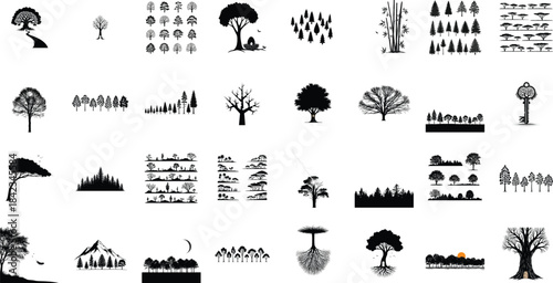 Silhouette of various tree and forest shapes isolated on transparent background