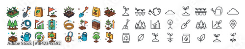 Colorful gardening icons featuring plants, trees, and tools for