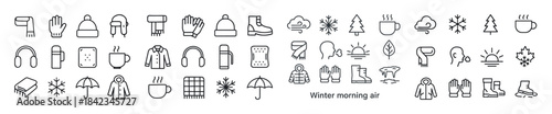Winter icons: cozy clothing, weather, and nature elements