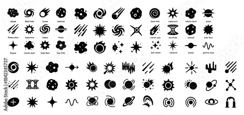 Space icons set including comet, galaxy, black hole, and pulsar
