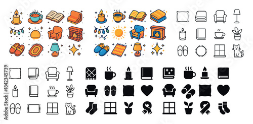 Cozy home icons: warmth and comfort in minimalist and colored st