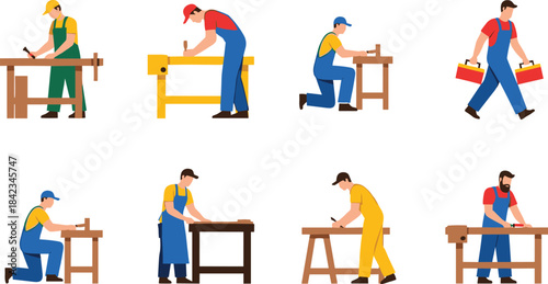 Collection of carpenters working with tools and wooden workbenches in various woodworking positions for construction and craft illustrations