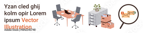 Office management, teamwork, communication, organization, email systems, business environment. Workspace with desks, chairs and files. Office management and teamwork concept