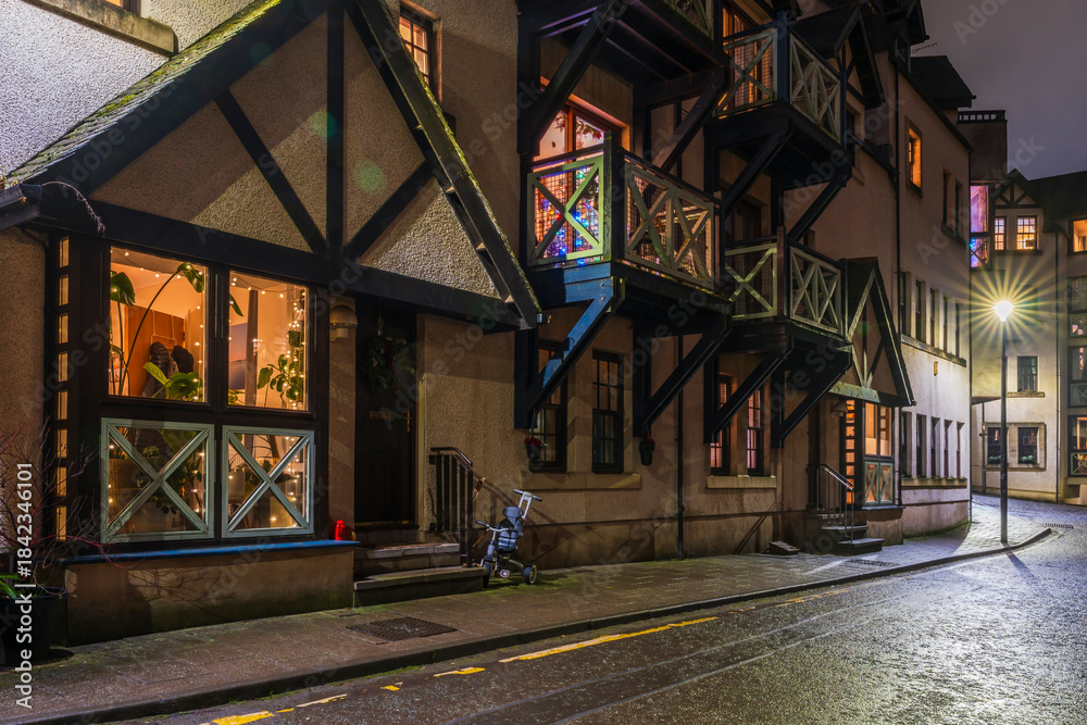 Fototapeta premium Night view of famous Dean Village in Edinburgh, Scotland