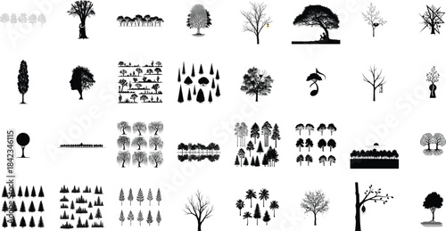 Silhouette of various trees and plants isolated on transparent background