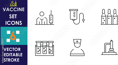 Clean vaccine-themed vector icons showing a patient, IV bag, ampoules, test tubes, nurse, and medical equipment, all designed in simple editable stroke style