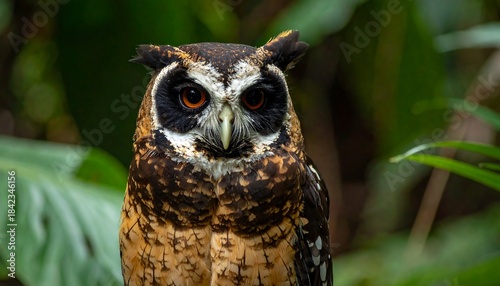 Close-up of a striking owl with intense orange eyes, set against lush green foliage