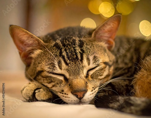 Close-up of a striped domestic cat peacefully sleeping with soft bokeh lights in background