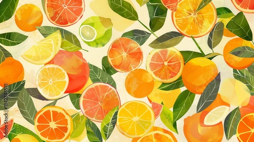 Vibrant Citrus Fruit Slices and Leaves Background Pattern