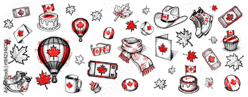 Hand-Drawn Canada Day Doodle Set with Maple Leaf Symbols, Festive Accessories and Patriotic Celebration Elements, Playful National Holiday Illustration Collection