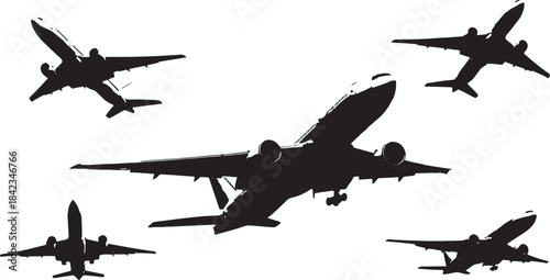 Airplane Banking Turn Maneuver Black Silhouettes Set