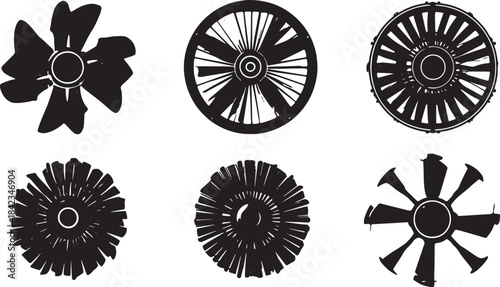 Airplane Engine and Propeller Component Black Silhouettes