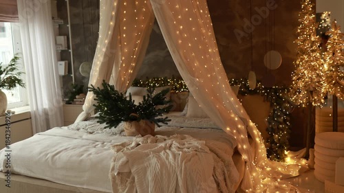 Warm evening in interior bedroom with bed with baldachin, decorated christmas tree and illimination many glowing golden lights garland. Basket with branch fir. Cozy Christmas at home. New year night