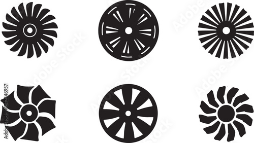 Airplane Engine and Propeller Component Black Silhouettes