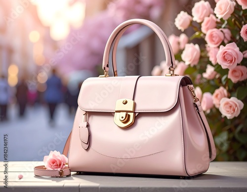 Close-up of a stylish, pink leather handbag resting on a surface, with flowers