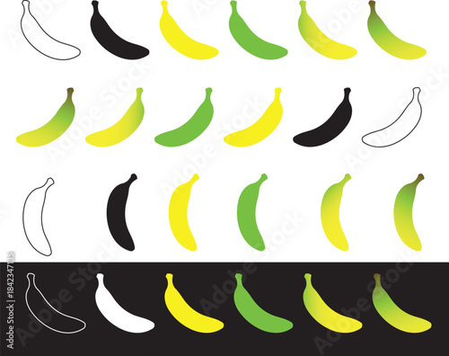 A collection of banana illustrations showing different colors, styles, and ripening stages